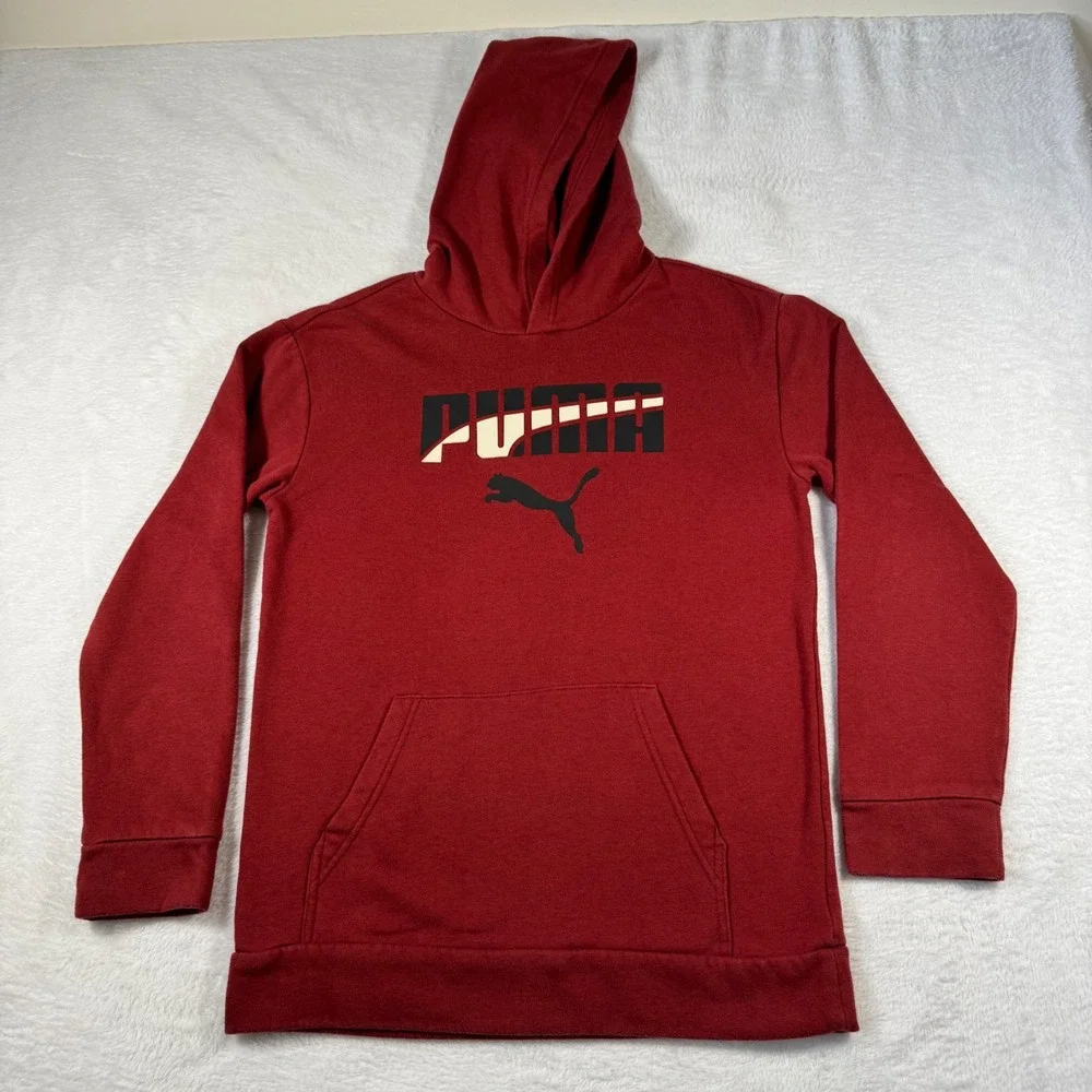 Puma Hoodie‎ Mens XL Burgundy Red Graphic Iconic Cat Logo Fleece Kangaroo Pocket